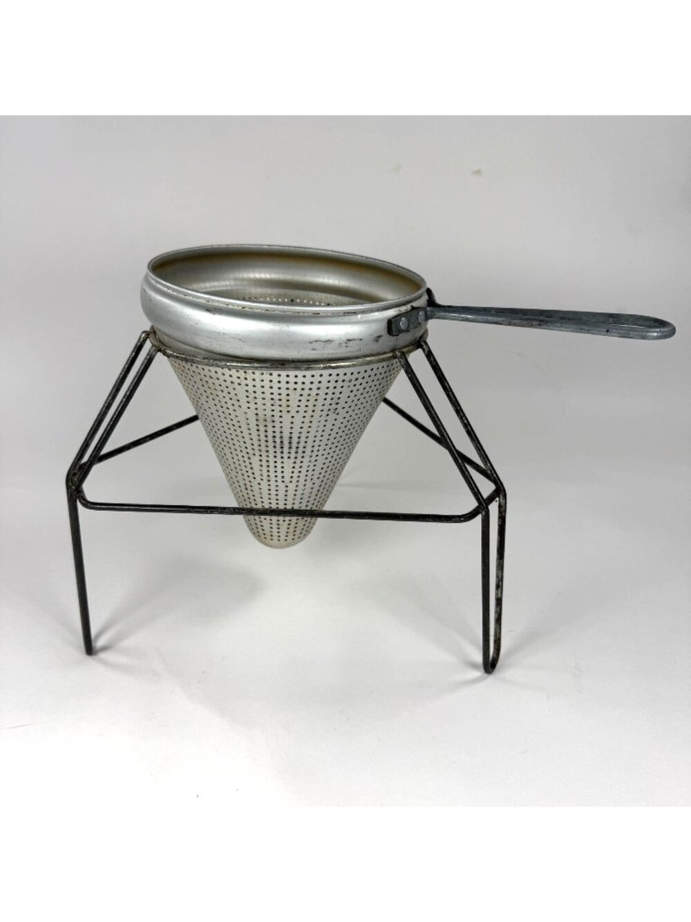 Vintage Cone Aluminum Colander With Handle & Metal Stand Perforated Strainer